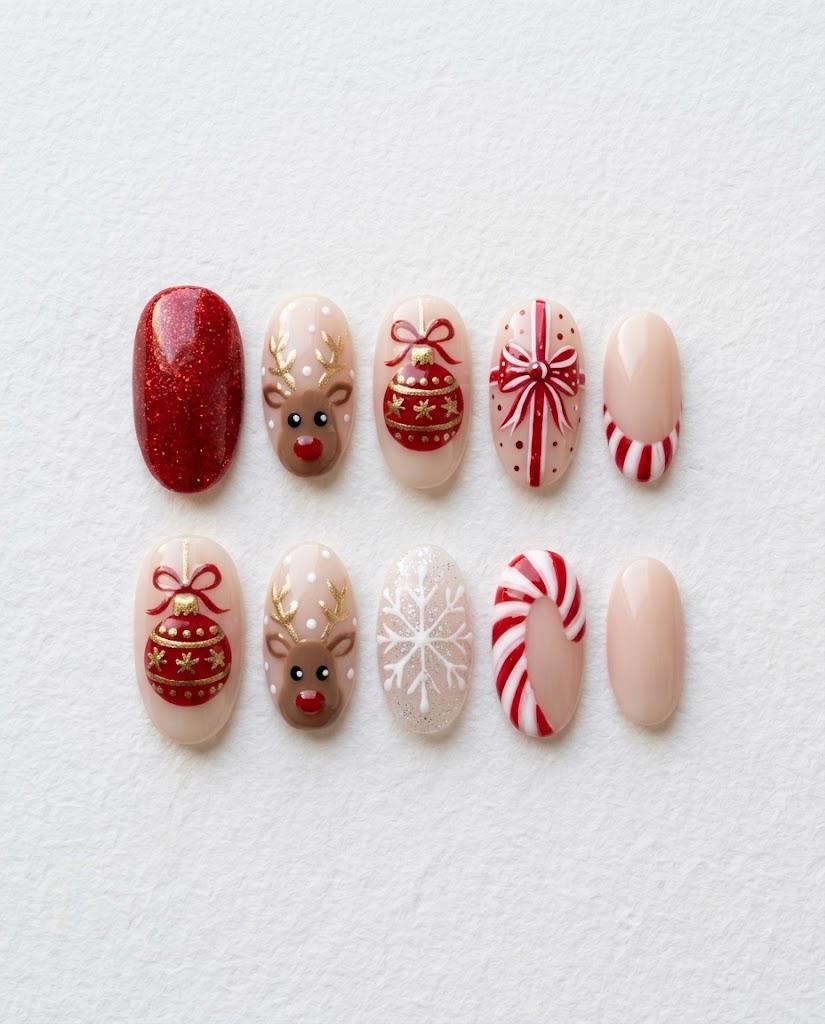 Christmas Red Glitter and Gold Reindeer Nail Set
