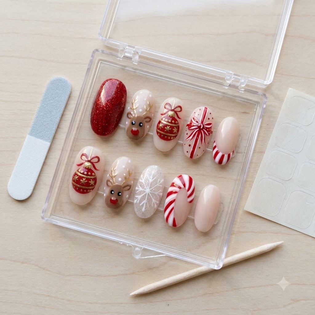 Christmas Red Glitter and Gold Reindeer Nail Set