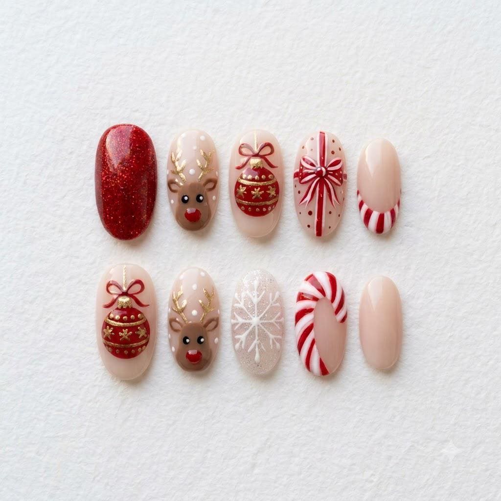 Christmas Red Glitter and Gold Reindeer Nail Set