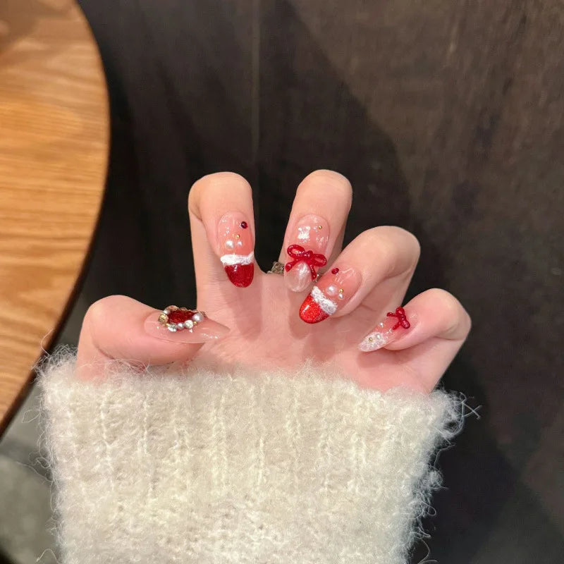 Christmas Red Glitter French Tip Nails with Bows, Pearls and Rhinestones