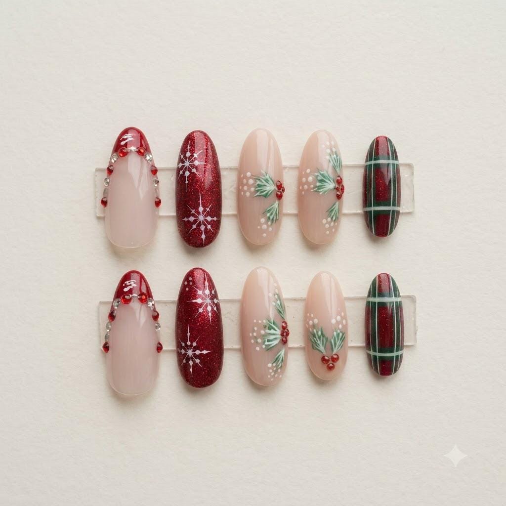 Christmas Red Glitter Snowflake, Holly and Plaid Nail Set