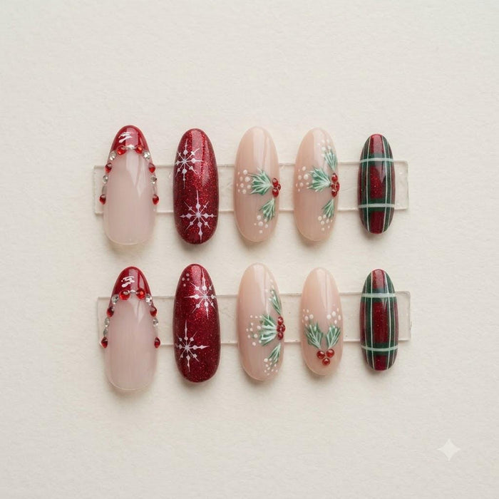 Christmas Red Glitter Snowflake, Holly and Plaid Press On Nail Set