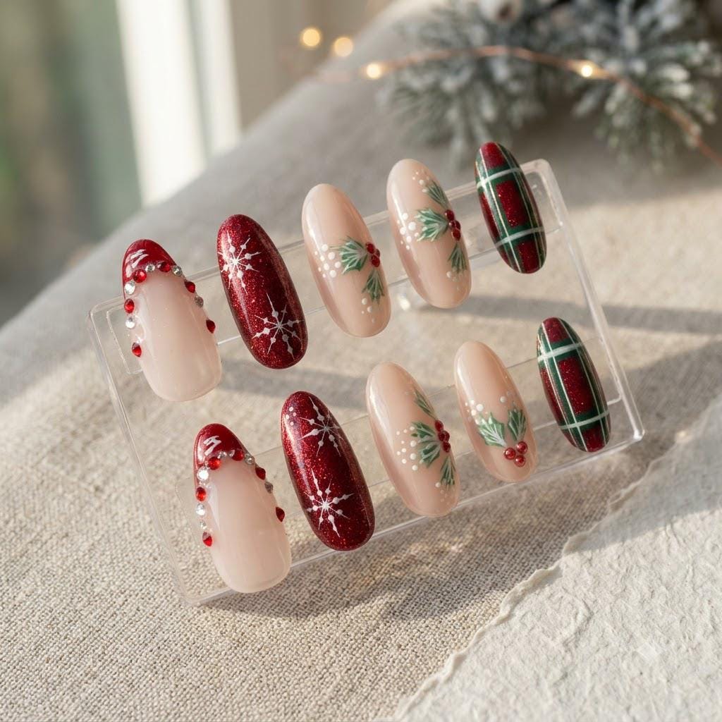 Christmas Red Glitter Snowflake, Holly and Plaid Nail Set