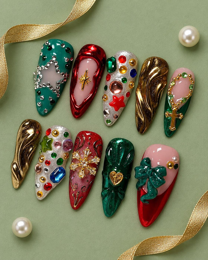 Christmas Red, Green and Gold 3D Charm Press On Nails