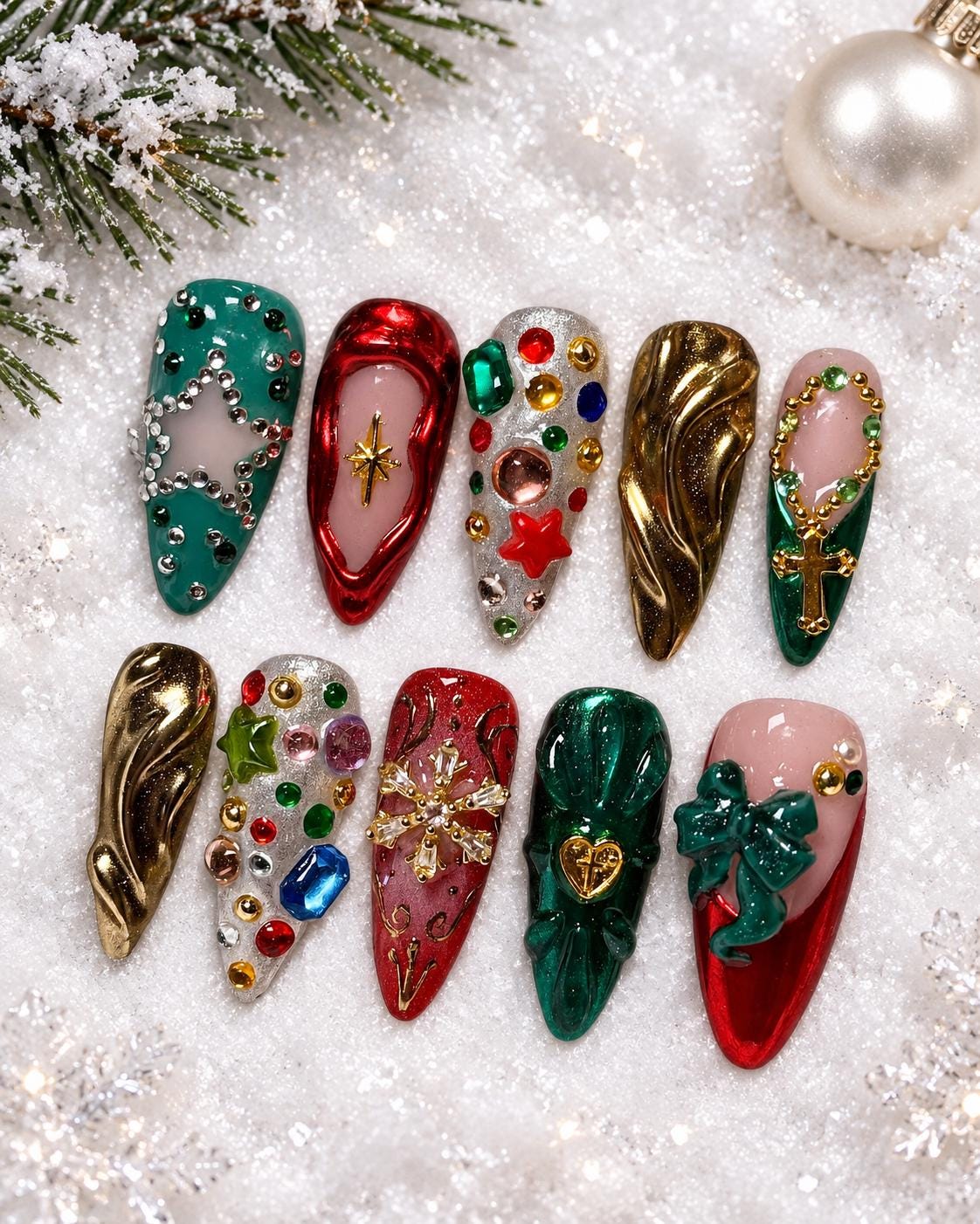 Christmas Red, Green and Gold 3D Charm Press On Nails