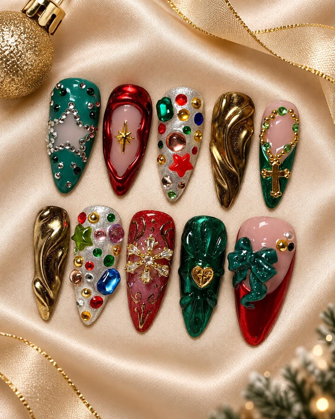 Christmas Red, Green and Gold 3D Charm Press On Nails
