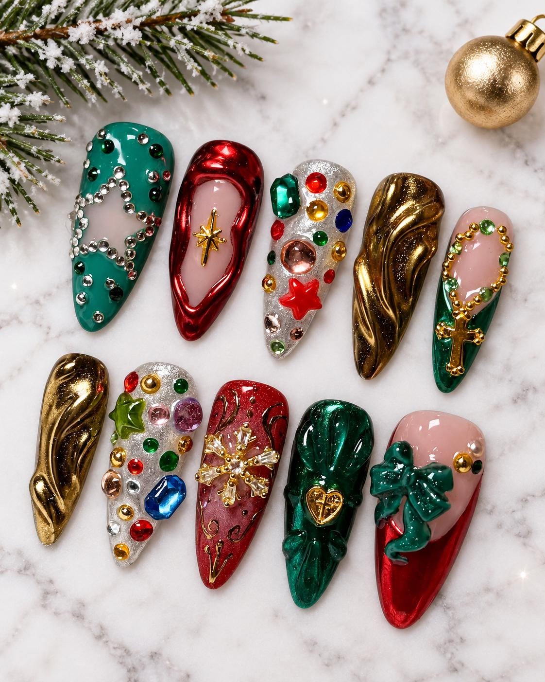 Christmas Red, Green and Gold 3D Charm Press On Nails