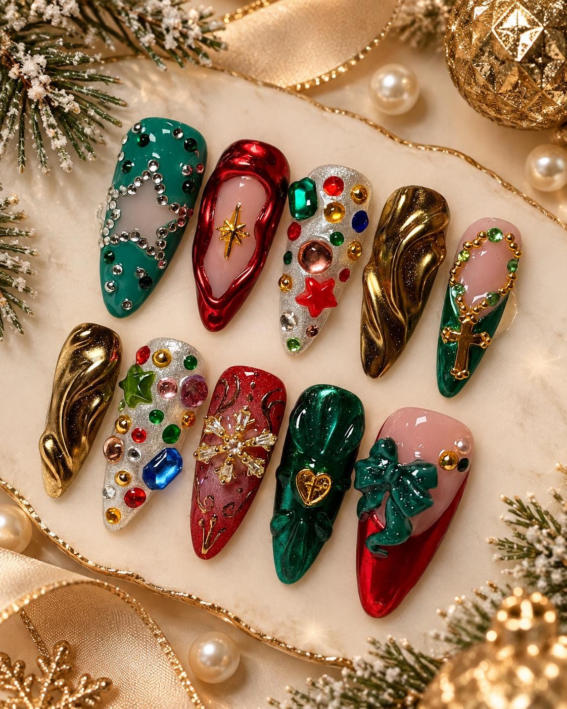 Christmas Red, Green and Gold 3D Charm Press On Nails