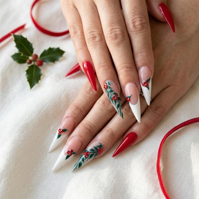 Christmas Red Holly French Tip Press On Nail Set With Berry Rhinestone Accents
