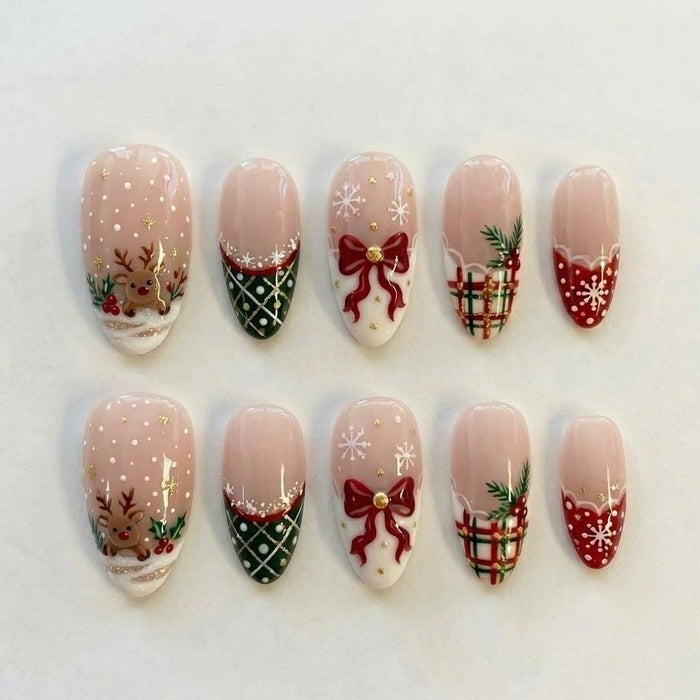 Christmas Reindeer and Red Bow French Tip Press On Nail Set with Plaid and Snowflakes