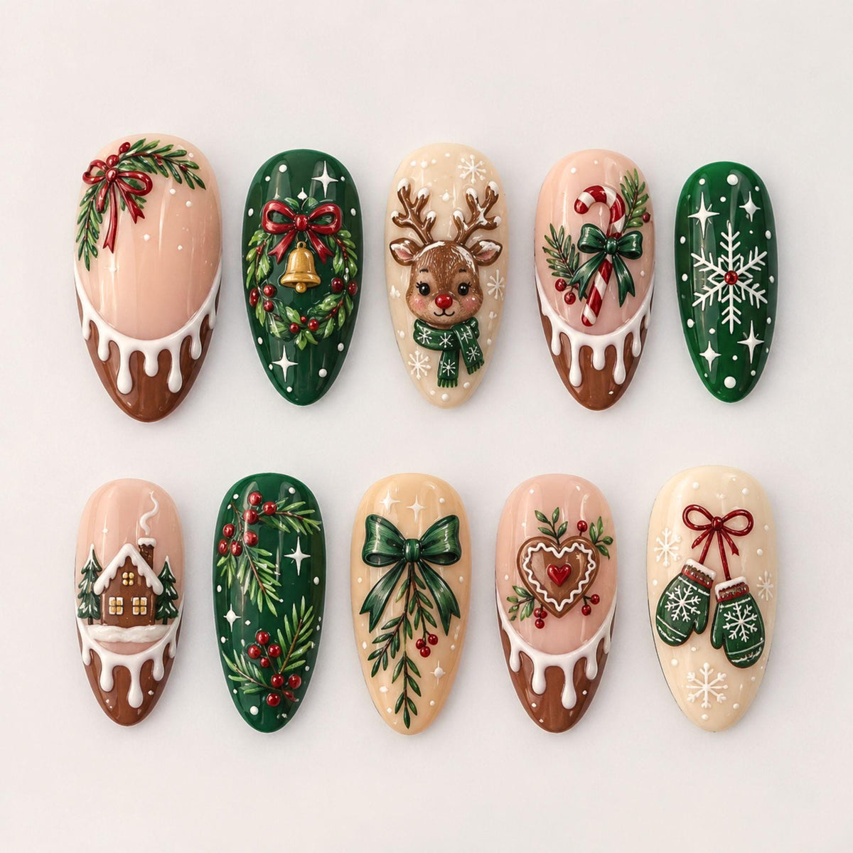 Christmas Reindeer, Gingerbread, Bow & Snowflake Nail Set