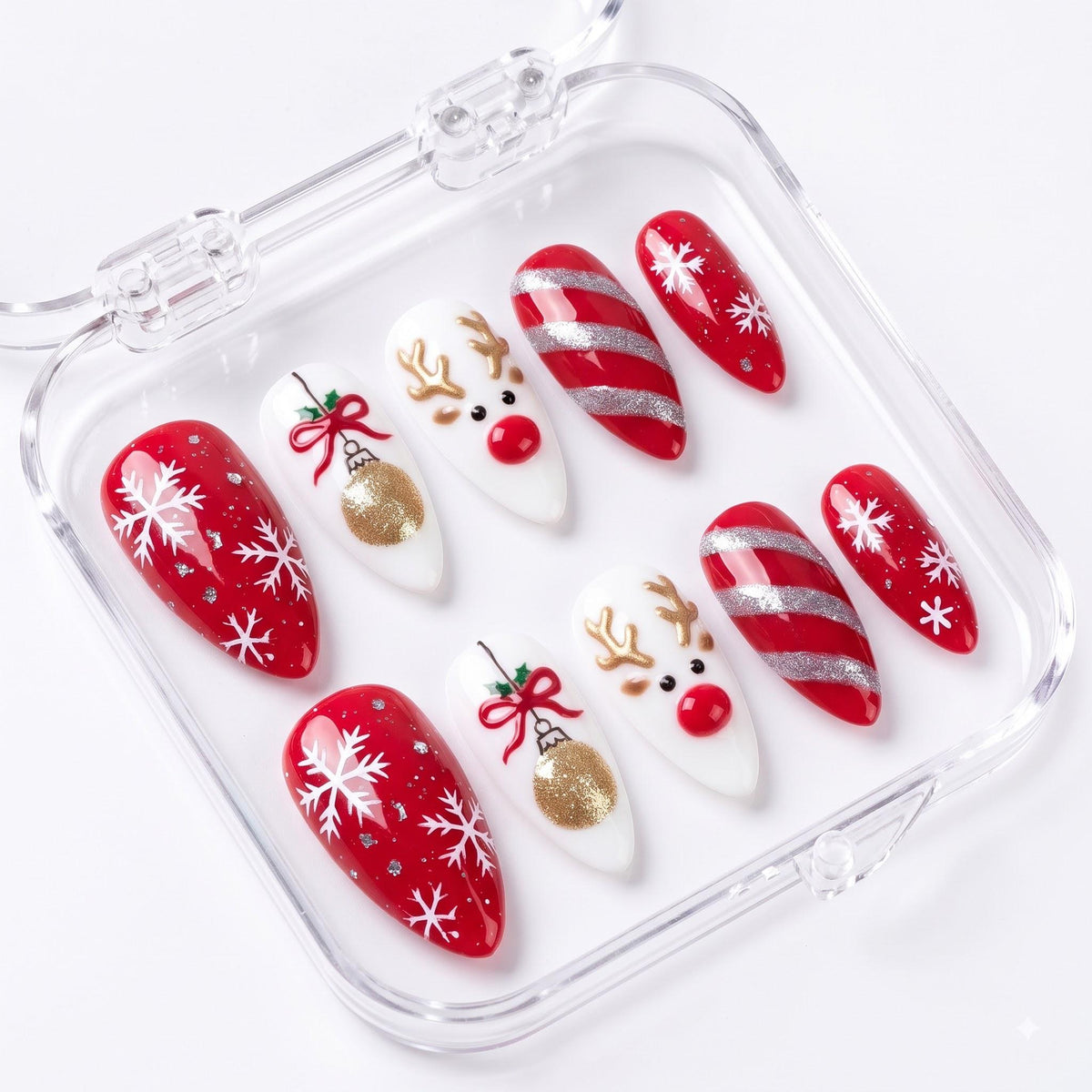 Christmas Reindeer, Ornament, Snowflake and Candy Cane Press On Nails