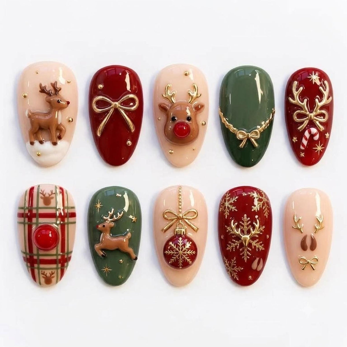 Christmas Reindeer Press-On Nail Set With Gold Bows, Snowflakes and Plaid