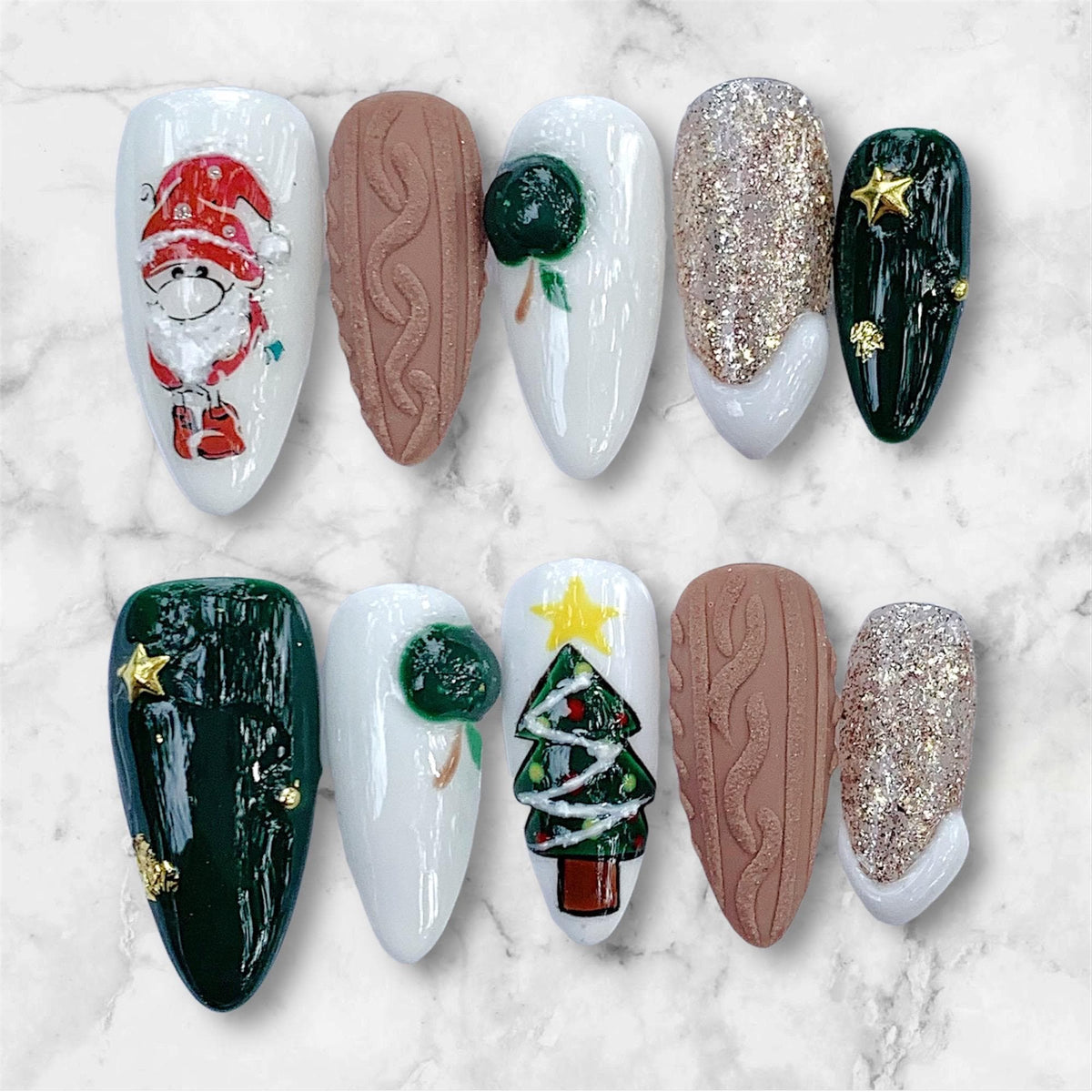 Christmas Santa and Tree Nails with Green Glitter, Gold Stars, and Sweater Texture