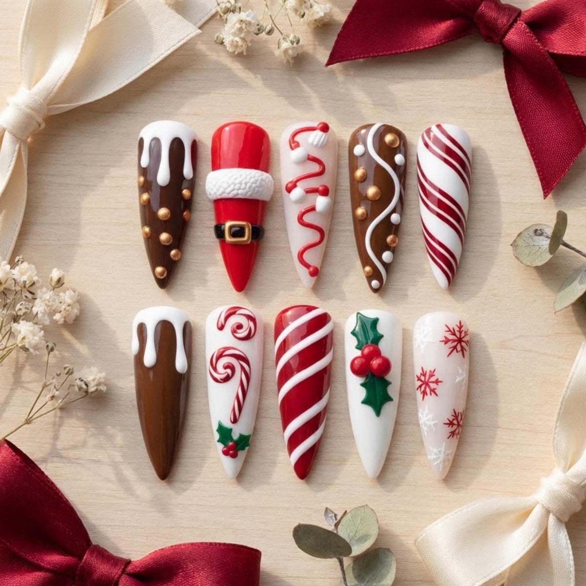 Christmas Santa Suit, Candy Cane and Holly Press-On Nail Set