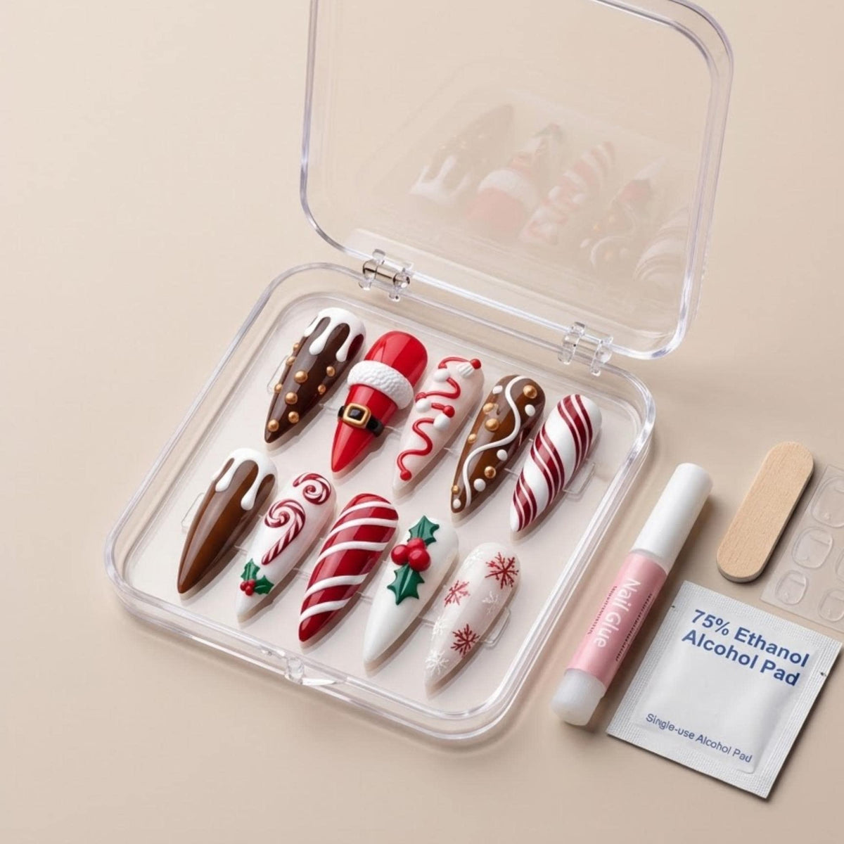 Christmas Santa Suit, Candy Cane and Holly Press-On Nail Set