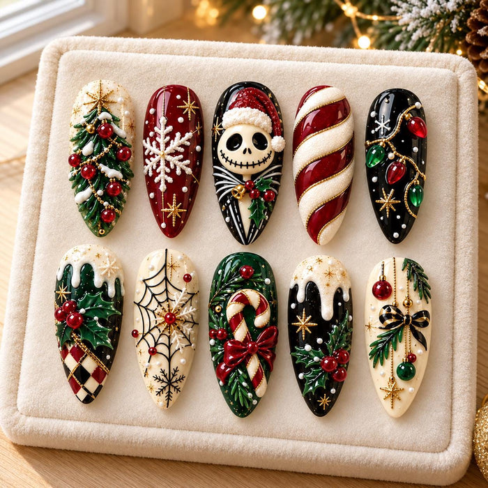 Christmas Skull, Candy Cane and Ornament Press-On Nail Set