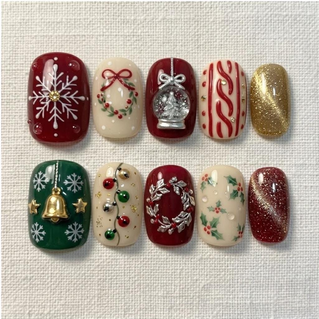 Christmas Snow Globe, Bell, Wreath and Snowflake Nail Set