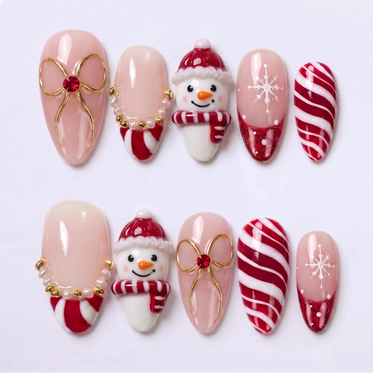 Christmas Snowman Press On Nails With Candy Cane Stripes, Red Glitter Tips, Pearls and Gold Bows