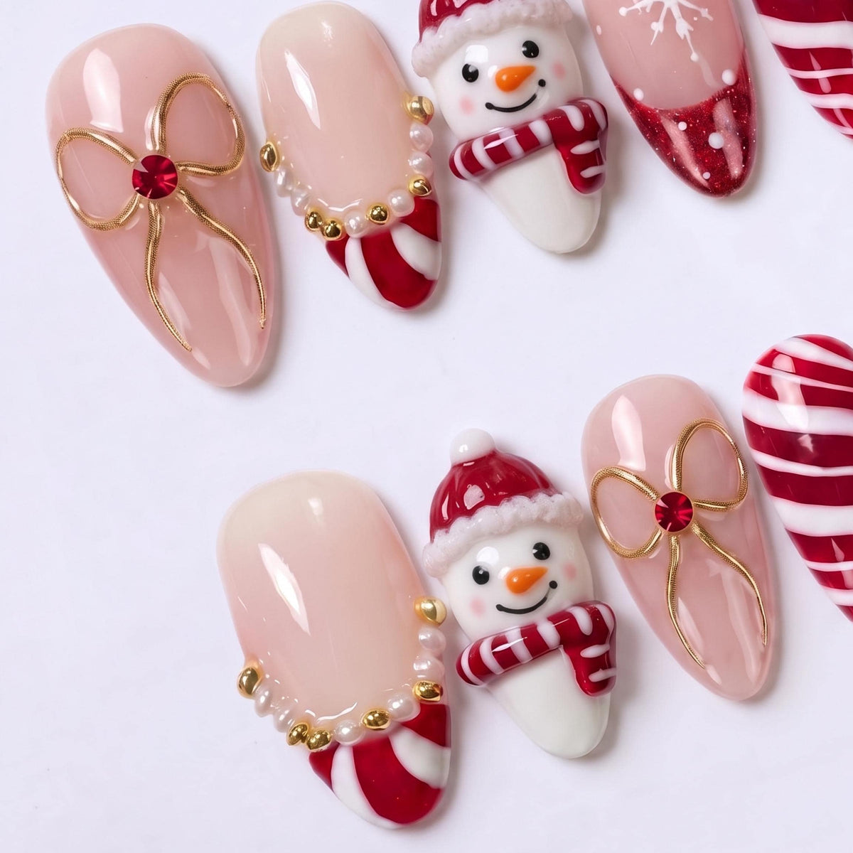 Christmas Snowman Press On Nails With Candy Cane Stripes, Red Glitter Tips, Pearls and Gold Bows