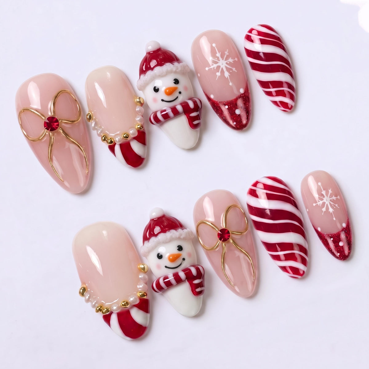 Christmas Snowman Press On Nails With Candy Cane Stripes, Red Glitter Tips, Pearls and Gold Bows