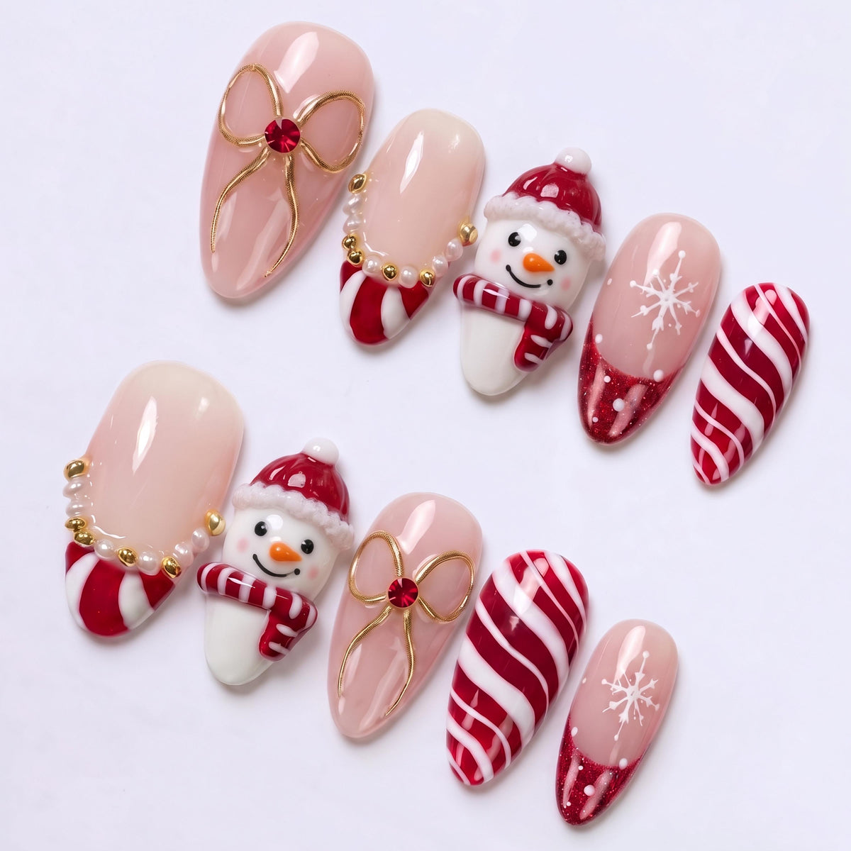 Christmas Snowman Press On Nails With Candy Cane Stripes, Red Glitter Tips, Pearls and Gold Bows
