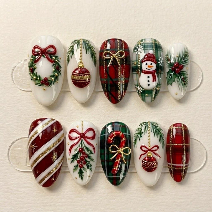 Christmas Snowman, Wreath and Plaid Press On Nail Set With Holly and Ornament Details
