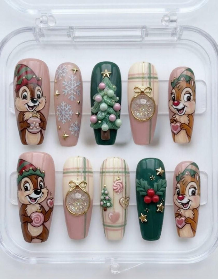 Christmas Squirrel Press On Nails With Plaid, Snowflakes and 3D Trees