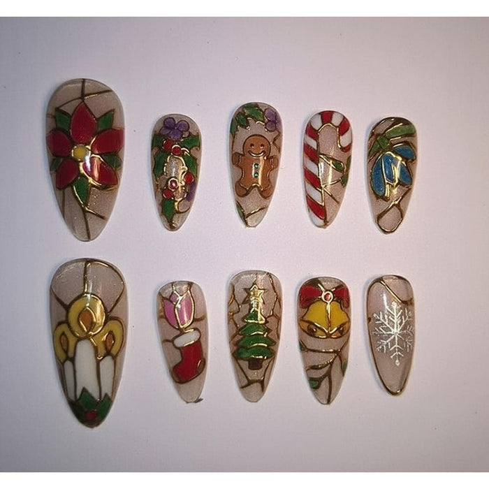 Christmas Stained Glass Press On Nail Set With 3D Holiday Art