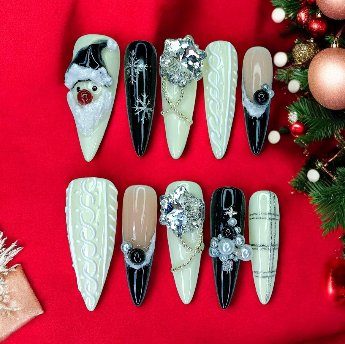 Christmas Stiletto Nail Set With Santa, Snowflakes, Rhinestones and Raised Swirls