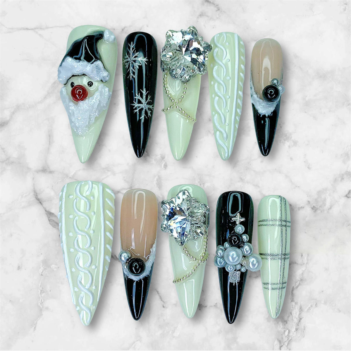 Christmas Stiletto Nail Set With Santa, Snowflakes, Rhinestones and Raised Swirls