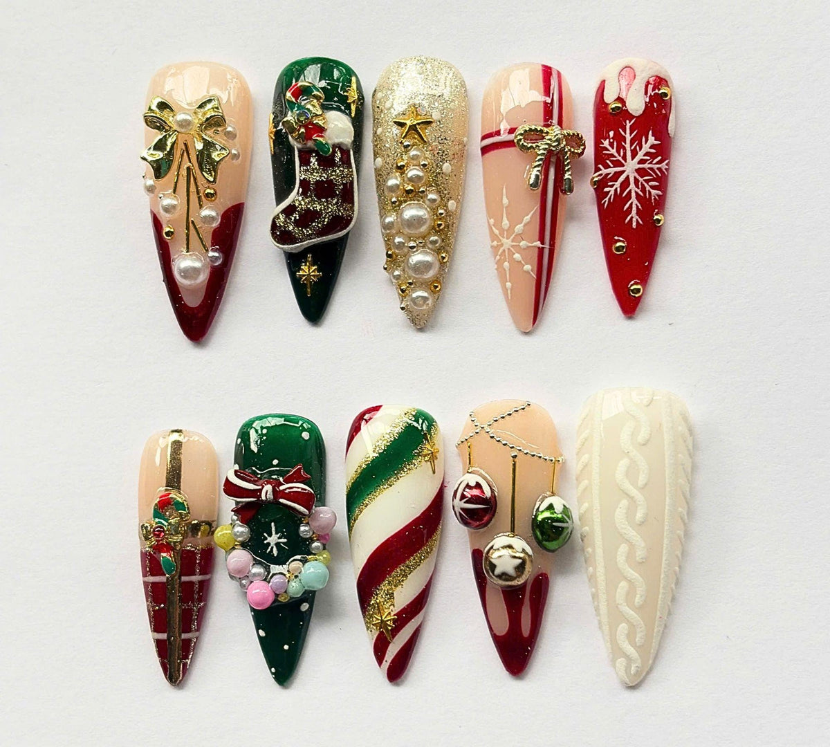 Christmas Stocking, Bow and Candy Cane Press On Nail Set