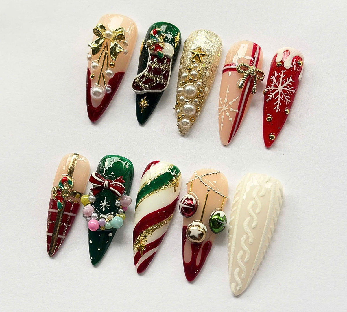 Christmas Stocking, Bow and Candy Cane Press On Nail Set