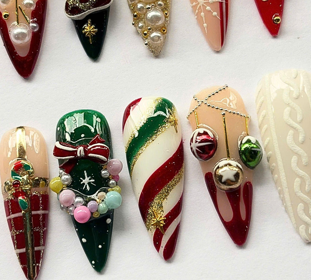 Christmas Stocking, Bow and Candy Cane Press On Nail Set