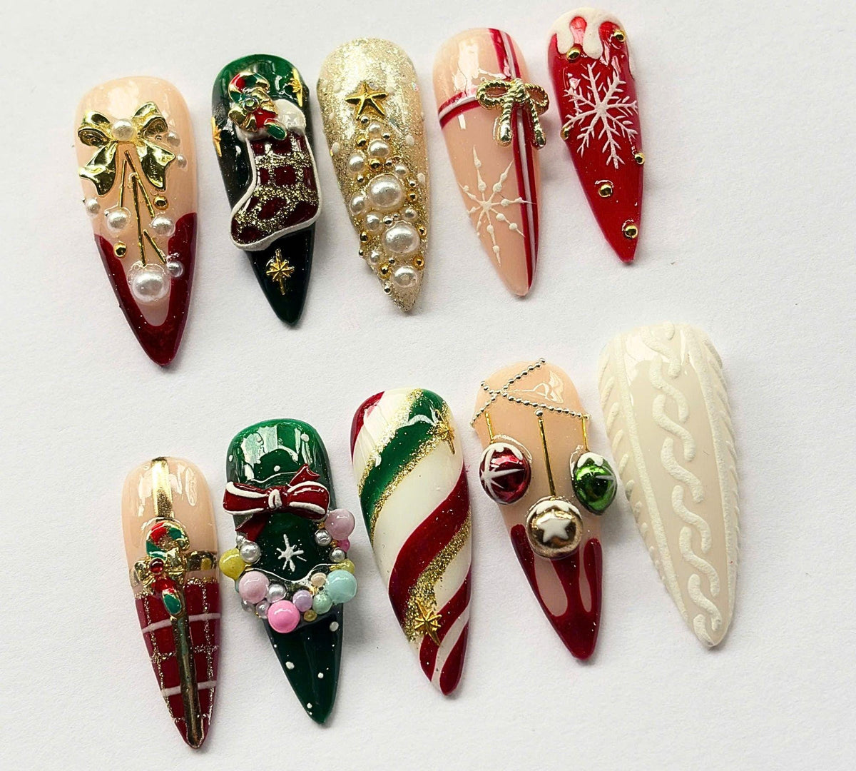Christmas Stocking, Bow and Candy Cane Press On Nail Set