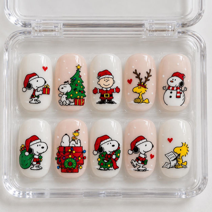Christmas Storybook Press-On Nails With Cartoon Dogs, Santa, Trees and Snowmen