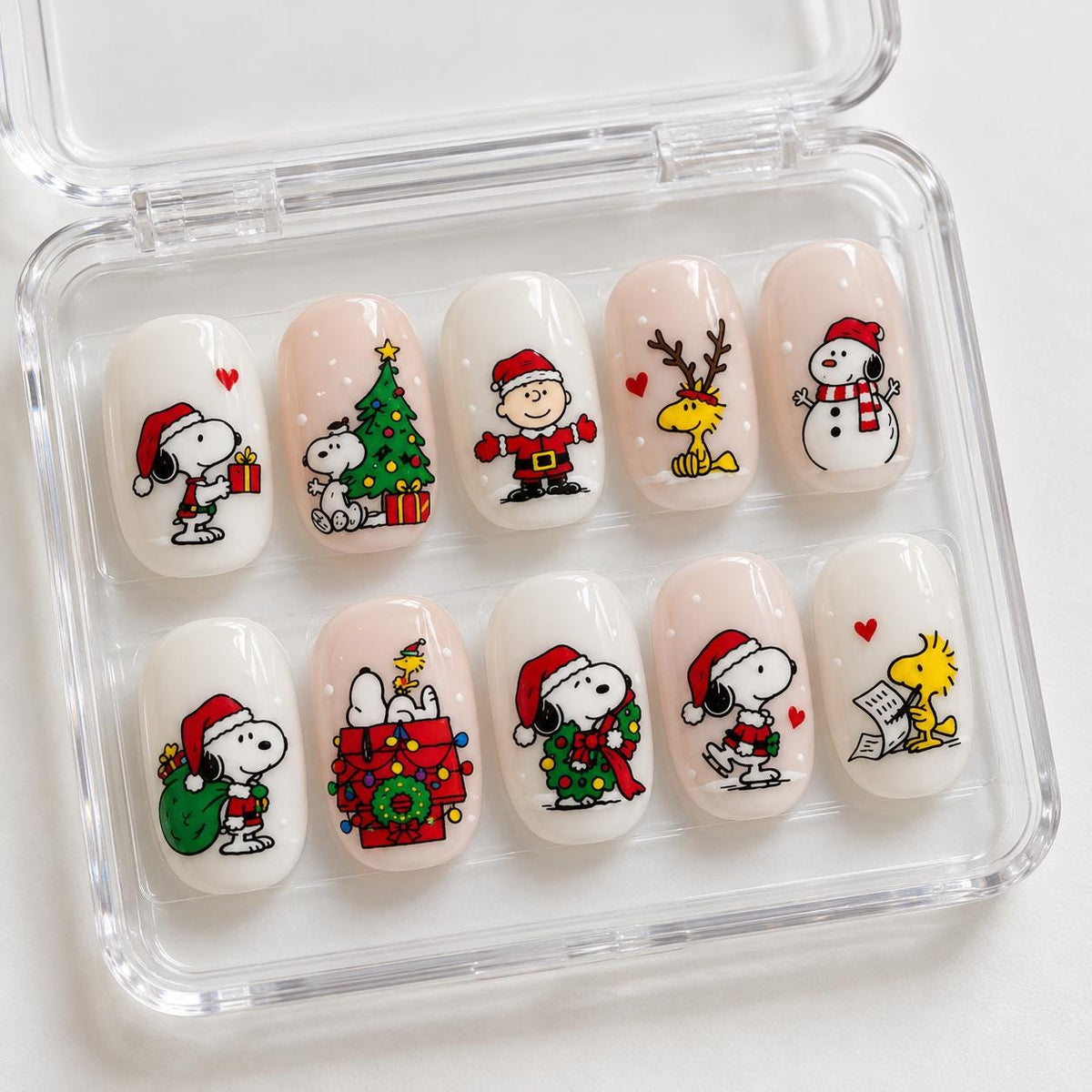 Christmas Storybook Press-On Nails With Cartoon Dogs, Santa, Trees and Snowmen