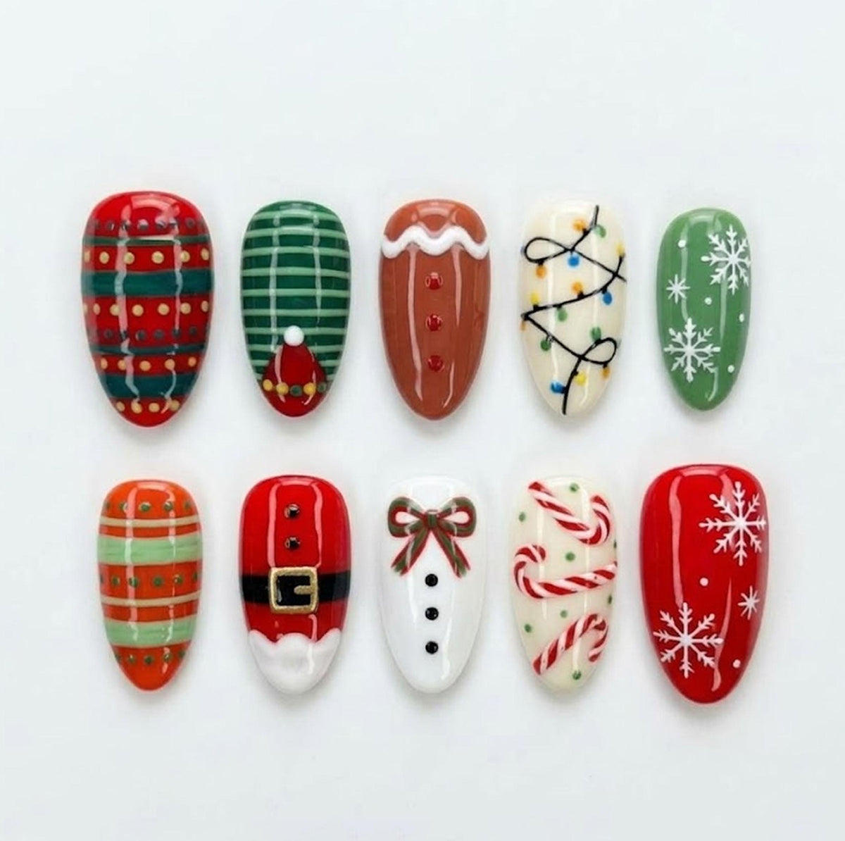 Christmas Sweater Press On Nails With Santa Suit, Plaid, Candy Canes, Snowflakes and Bow