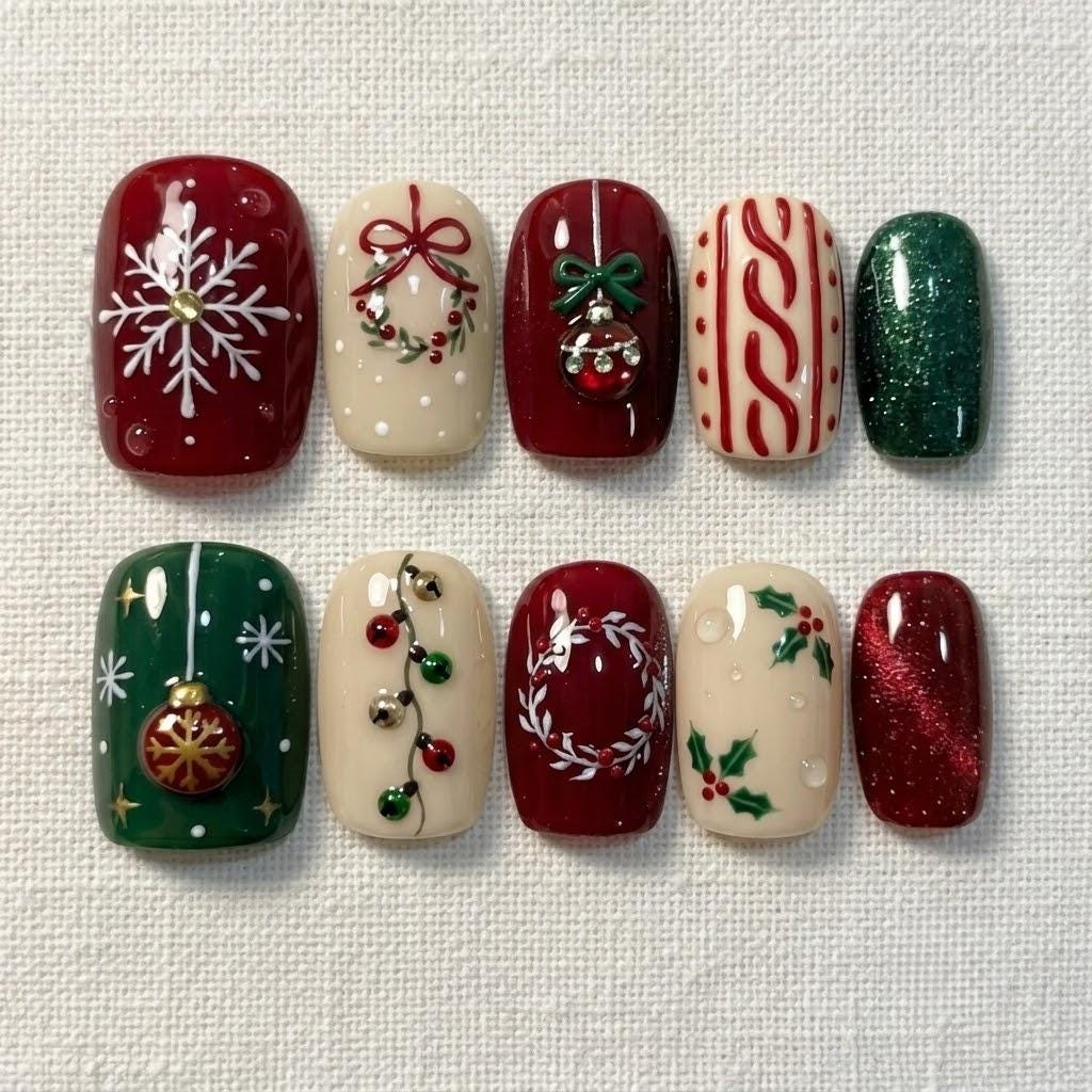 Christmas Sweater Press On Nails with Snowflakes, Holly, Ornaments and Bows