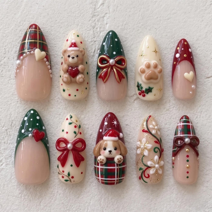 Christmas Tartan Plaid Press On Nails with 3D Bear, Puppy, Bow and Holly Details
