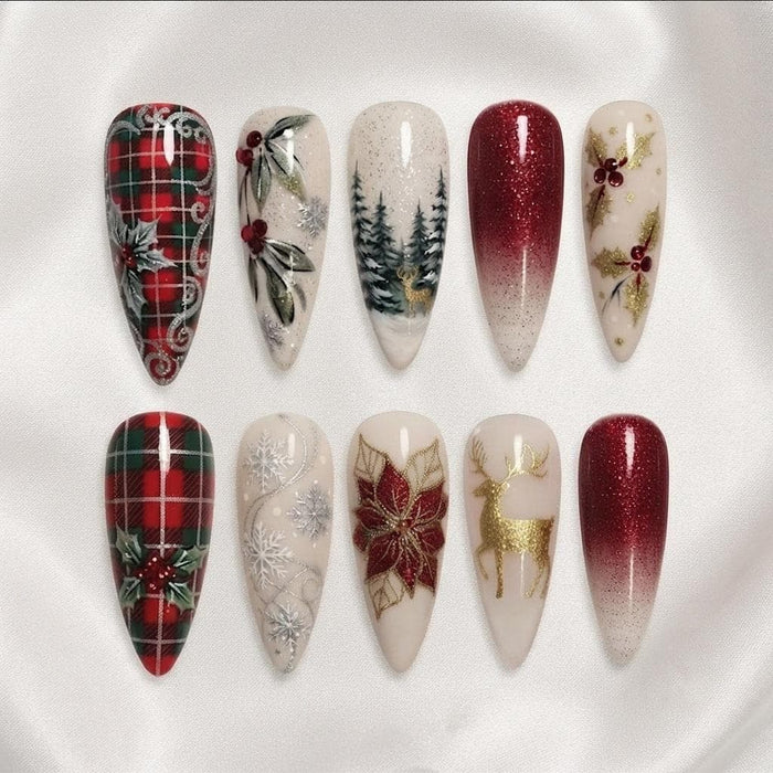 Christmas Tartan Plaid Press On Nails With Poinsettias, Holly, Snowflakes and Reindeer