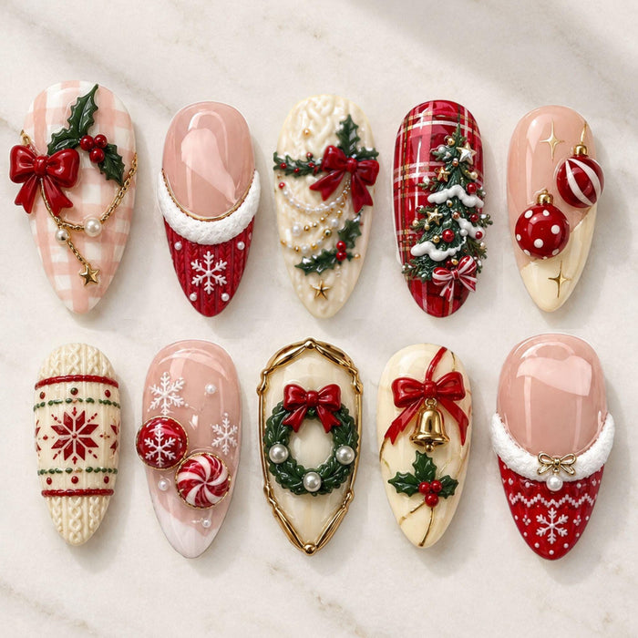 Christmas Tartan Press On Nails With Holly, Wreaths, Snowflakes and 3D Charms