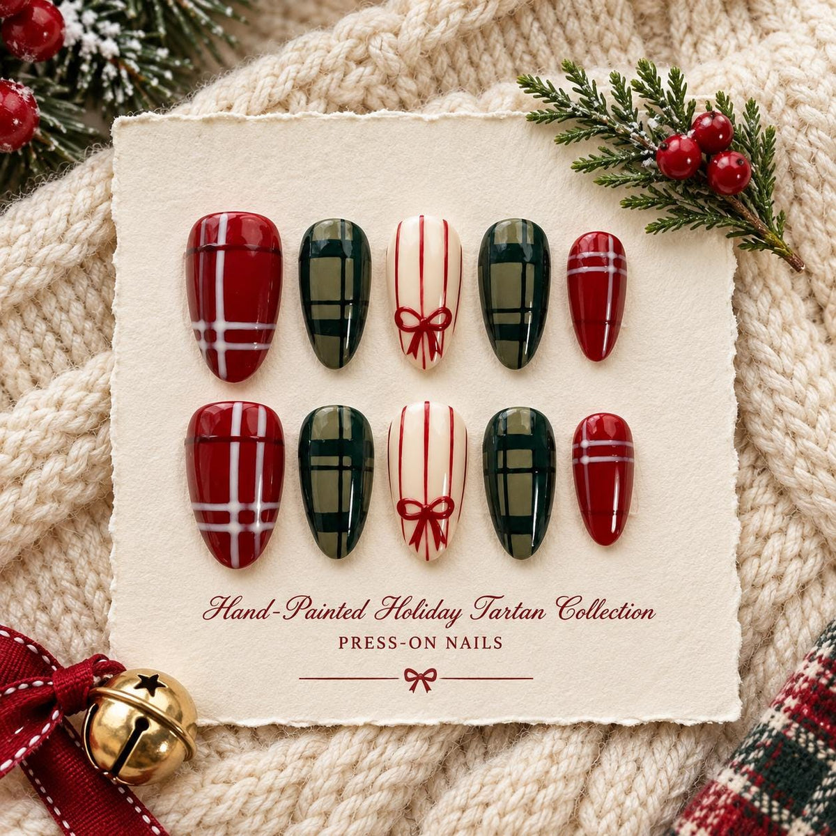 Christmas Tartan Press-On Nails with Painted Red Bows