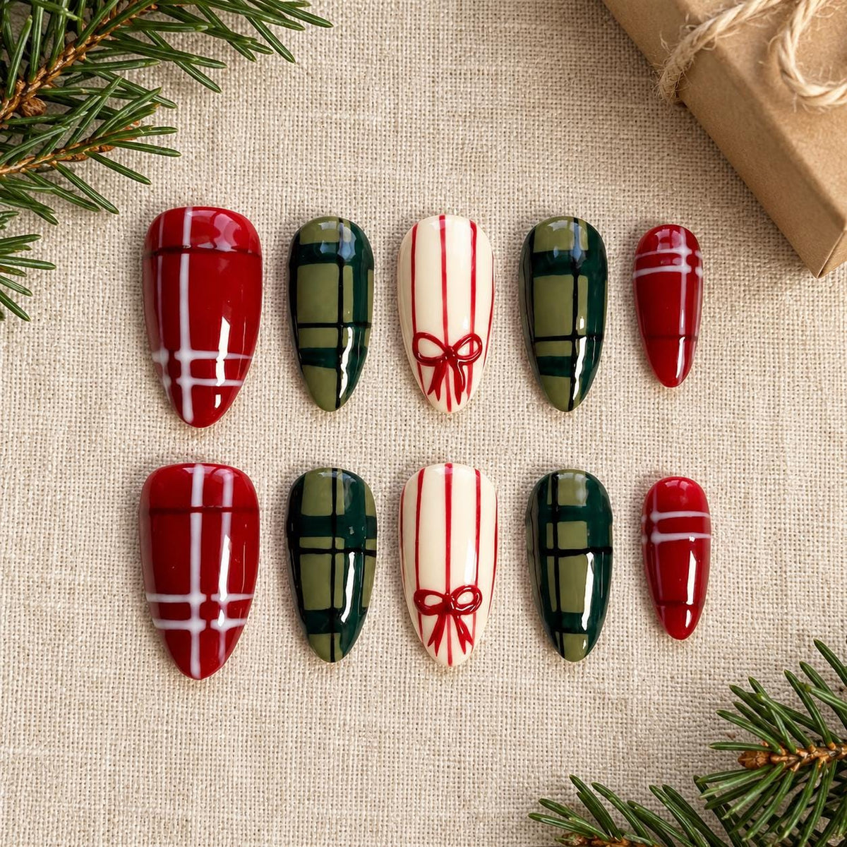 Christmas Tartan Press-On Nails with Painted Red Bows