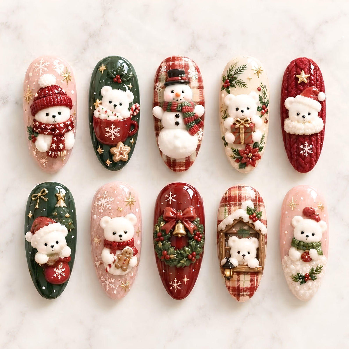 Christmas Teddy Bear and Snowman Nail Set With Plaid and Evergreen Details