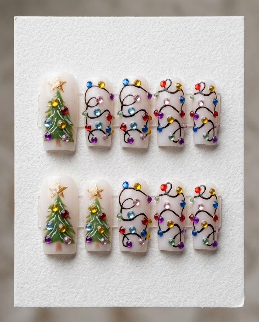 Christmas Tree and Colorful Rhinestone String Light Press On Nails