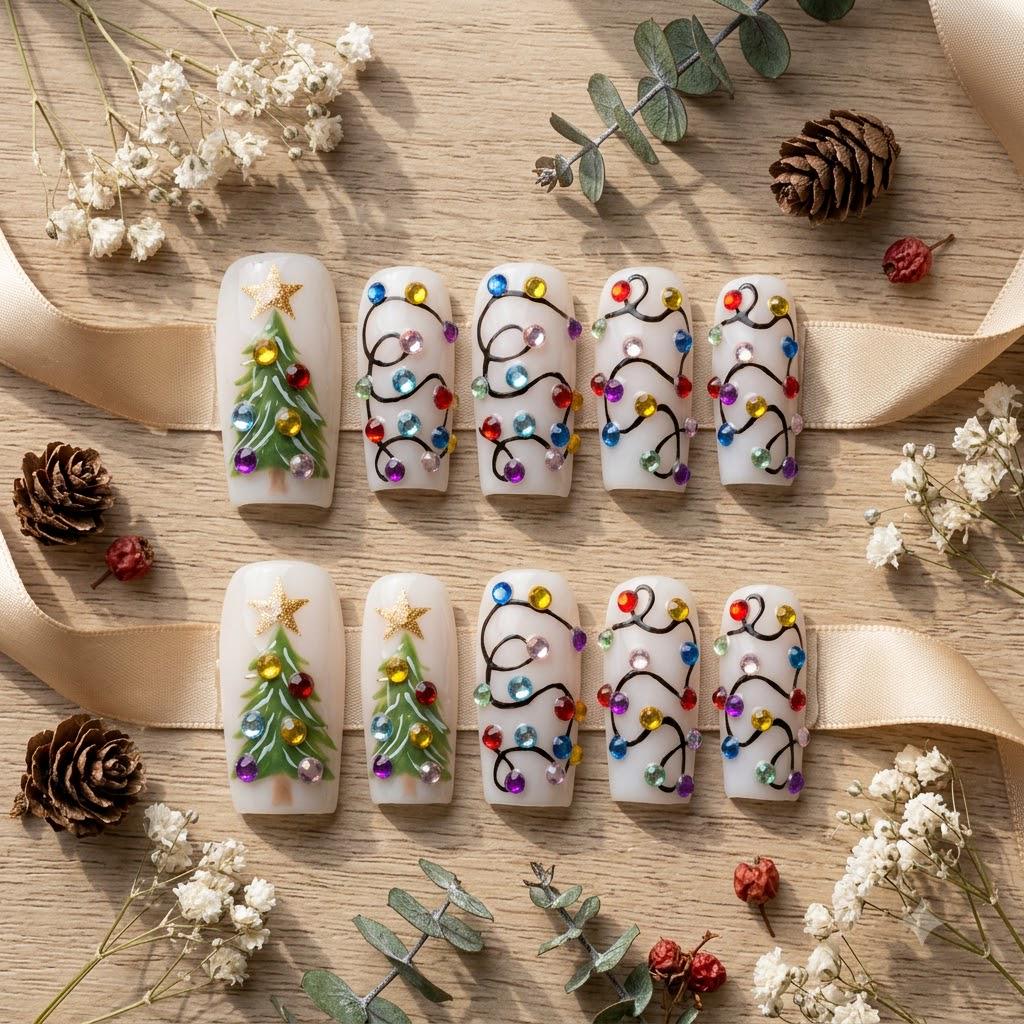Christmas Tree and Colorful Rhinestone String Light Press On Nails