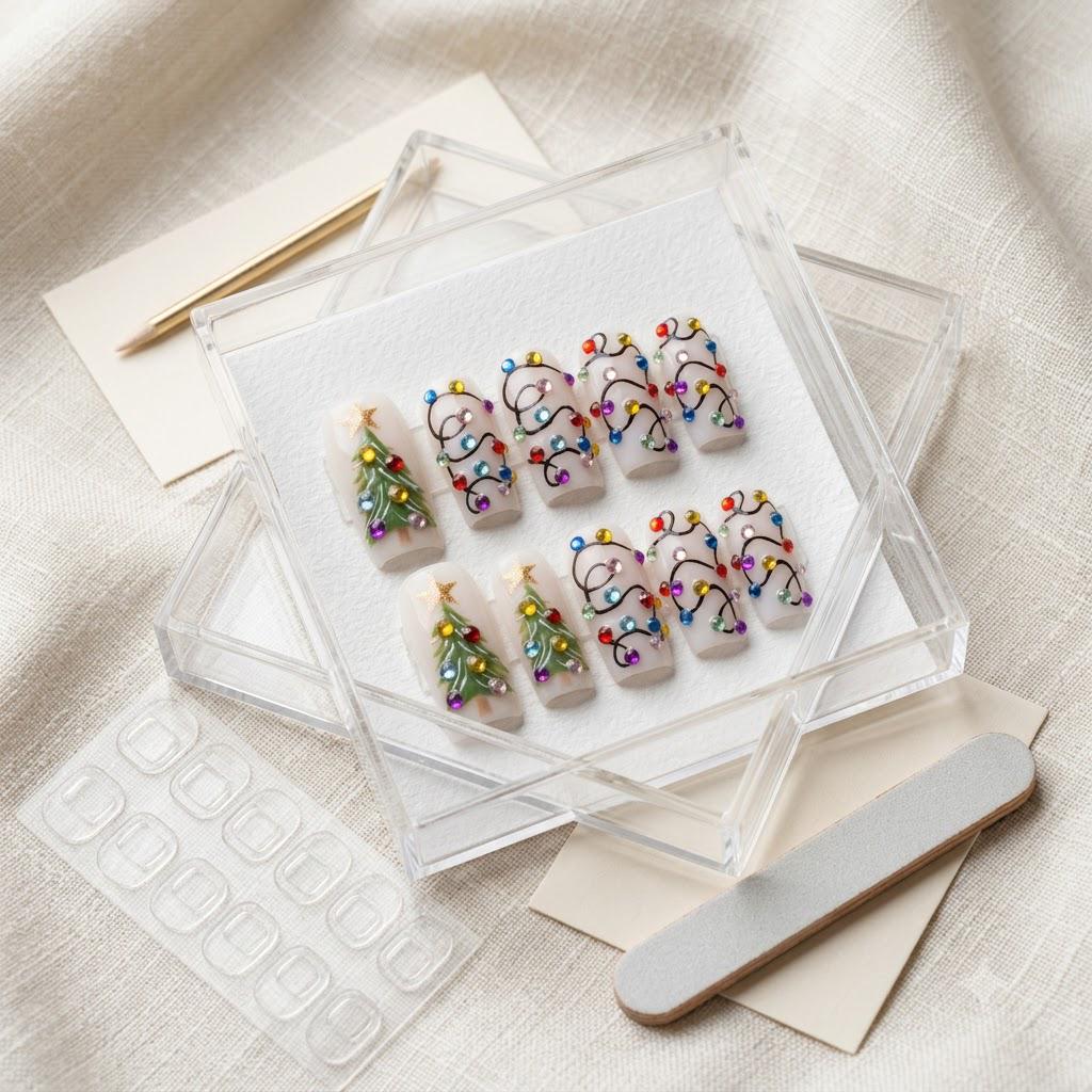Christmas Tree and Colorful Rhinestone String Light Press On Nails