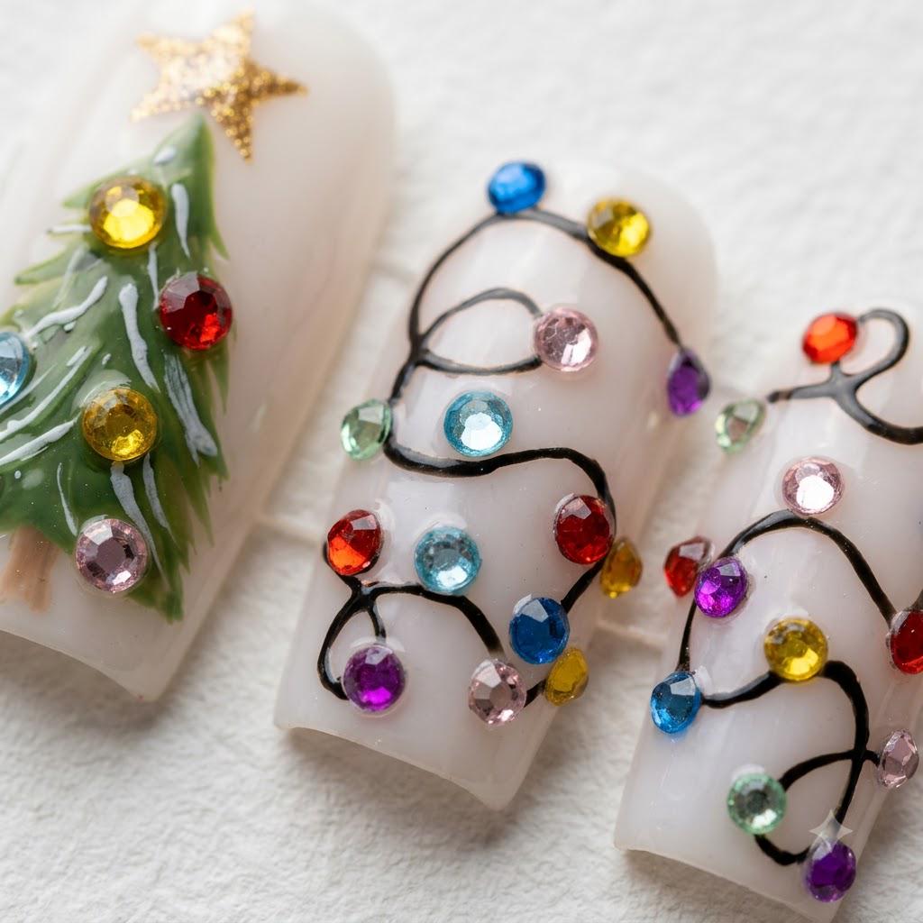 Christmas Tree and Colorful Rhinestone String Light Press On Nails