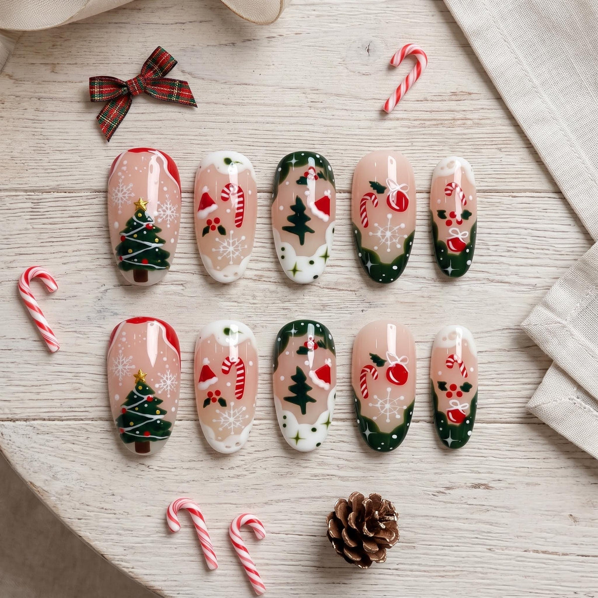 Christmas Tree, Candy Cane and Snowflake Holiday Nail Set